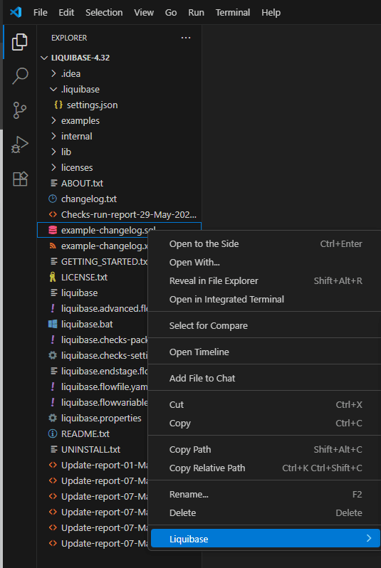 Liquibase Secure Dev right-click menu