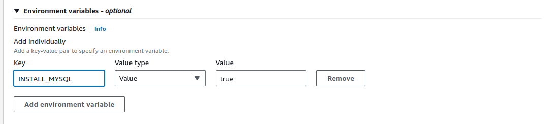 If you work with MySQL DB, add INSTALL_MYSQL with a value of true