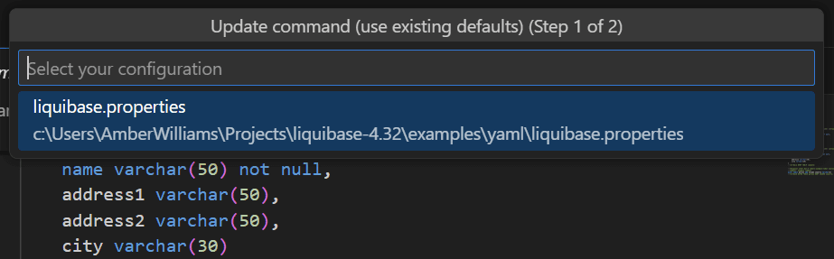 Select your liquibase.properties configuration location