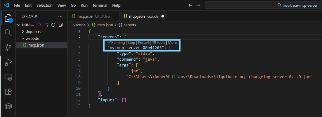 5.0 Configure the Liquibase Changelog MCP Server in VS Code - 8 image